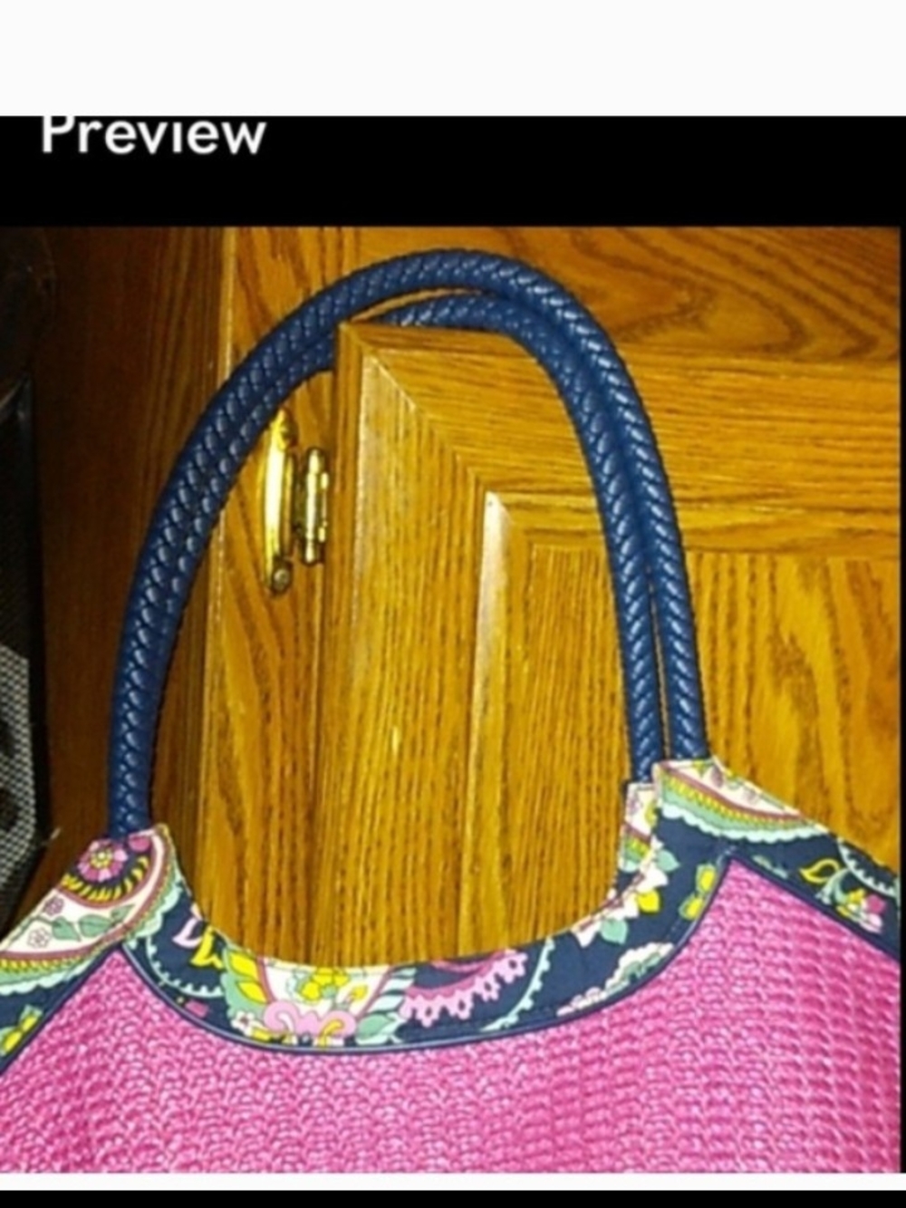 Vera Bradley Large Pink Woven Tote with Navy Handles and Patterned Trim - Picture 2 of 9